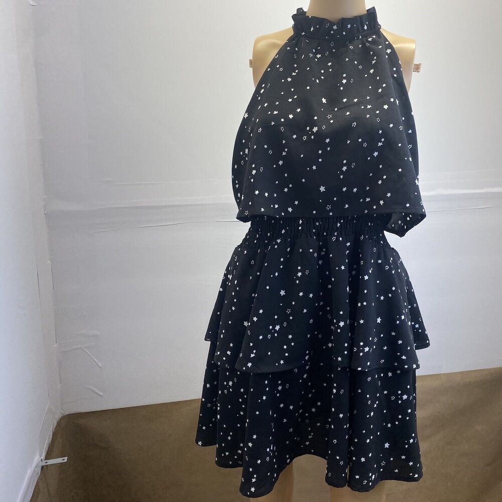 Mud Pie Pacey Flounce Women's Dress Black Star‎ Tiered Ruffle Celestial Size M